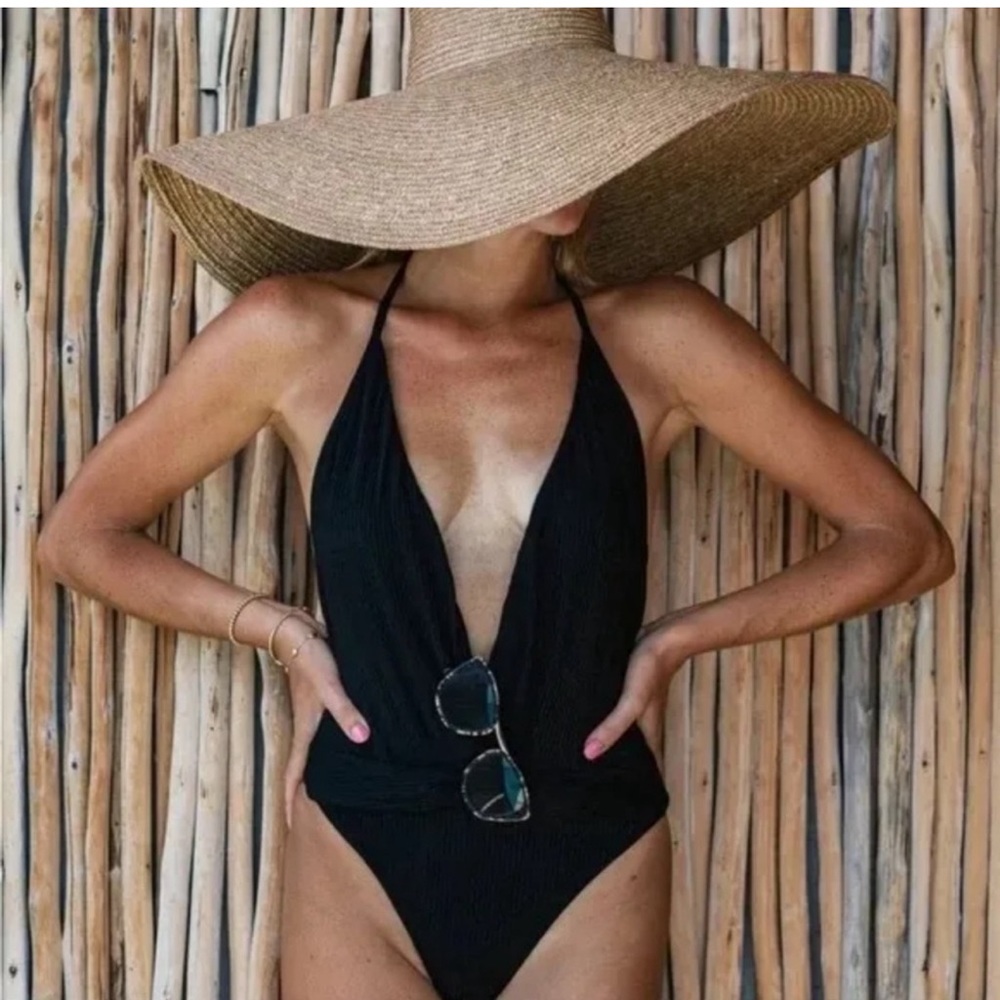 Watercolors Kenny Flowers Halter Deep V Ribbed Black One Piece Swimsuit